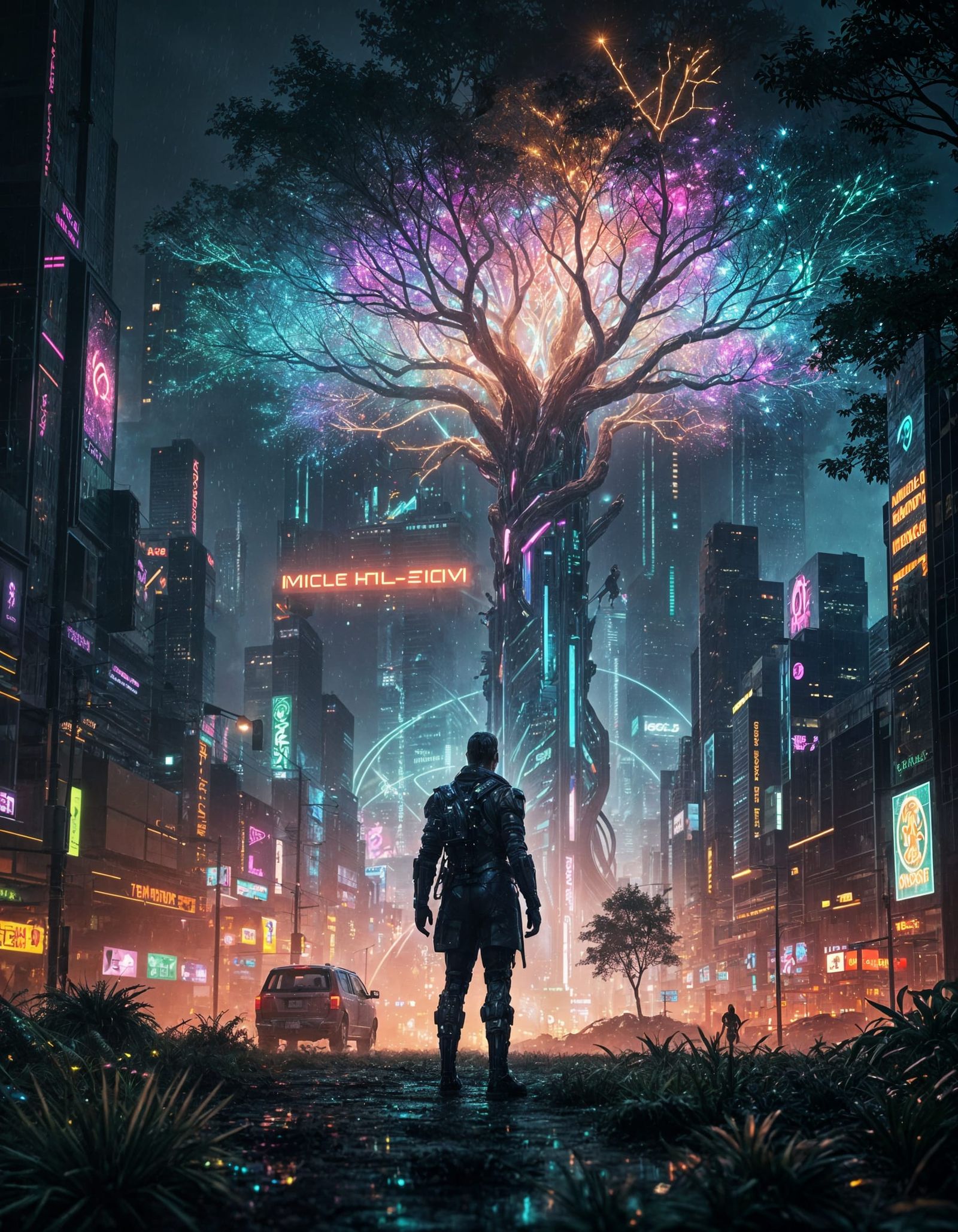 Cyberpunk Tree of Enlightenment in a Futuristic Metropolis