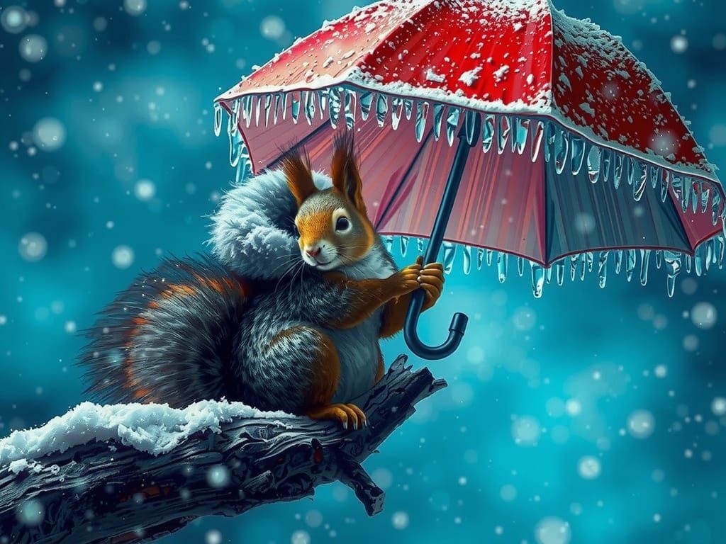 Squirrel in Blizzard Holding Umbrella in Snowy Winter Scene