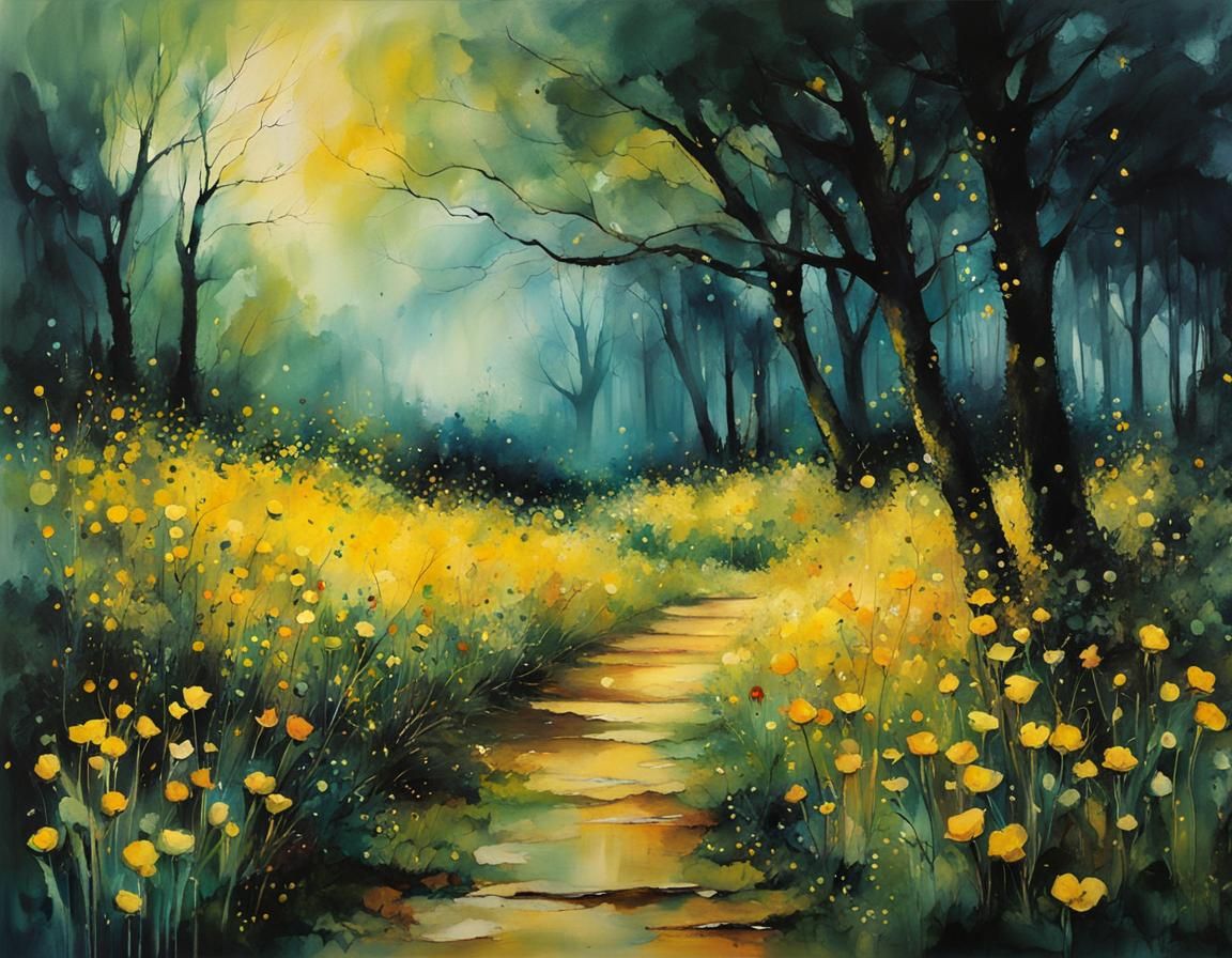 Twilight Lane with Golden Buttercups: Whimsical Alcohol Ink ...