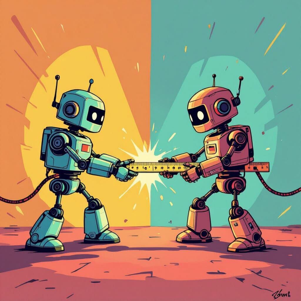 Two Robots Tug-of-War Over Ruler in Bold Outline Style