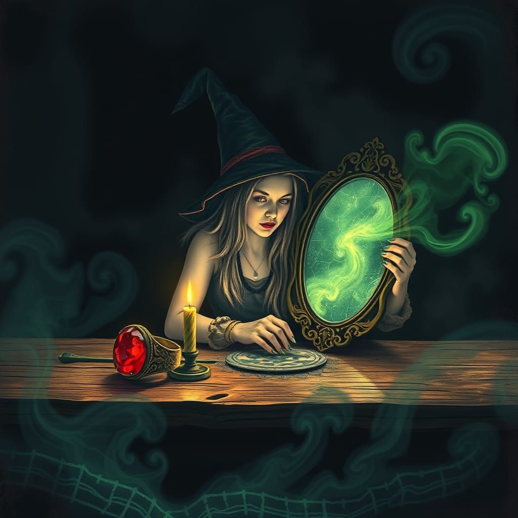 Mystical Witch Contemplates Cosmic Mirror