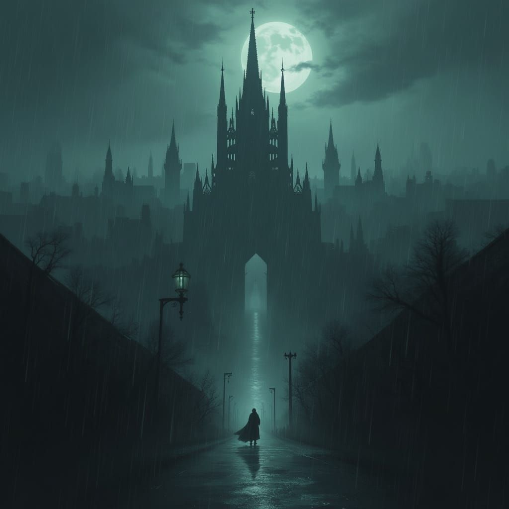 Gothic Metropolis in Twilight with Shadowy Figures
