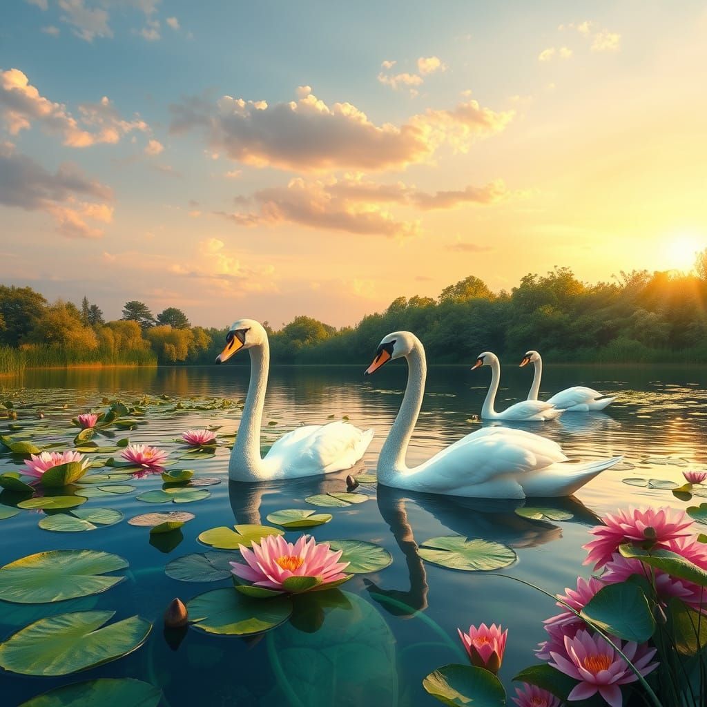 Serenely Swimming Swans in Impressionist Style