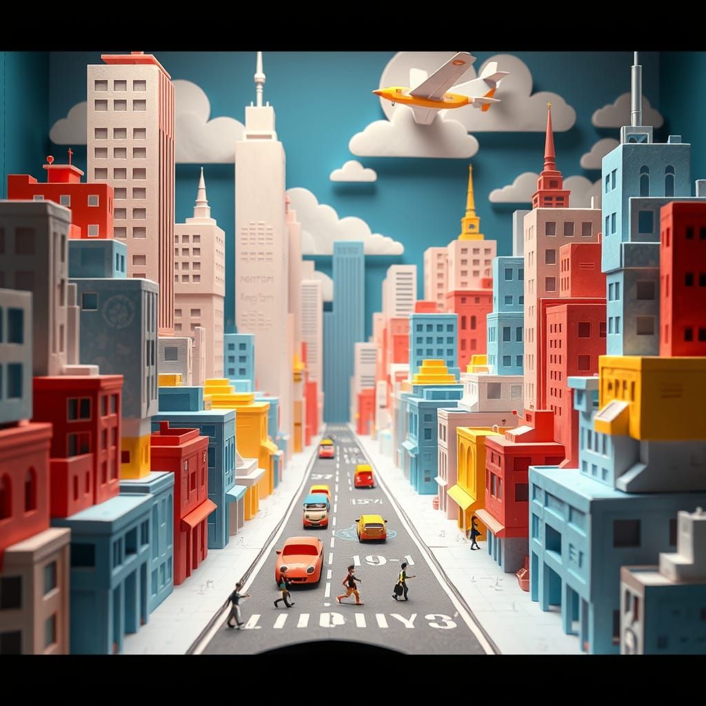 Paper Cityscape with Paper Airplane Cars in Animation Style