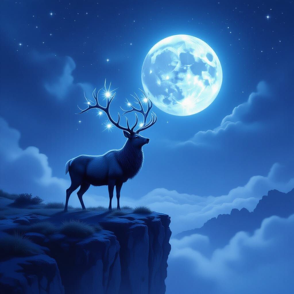 Majestic Stag on Misty Cliff Under Starry Nebula