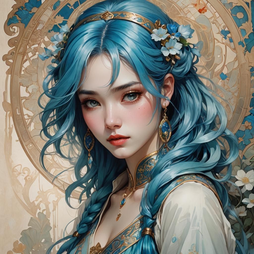 Blue-Haired Woman: Fantasy Art in Watercolor Style