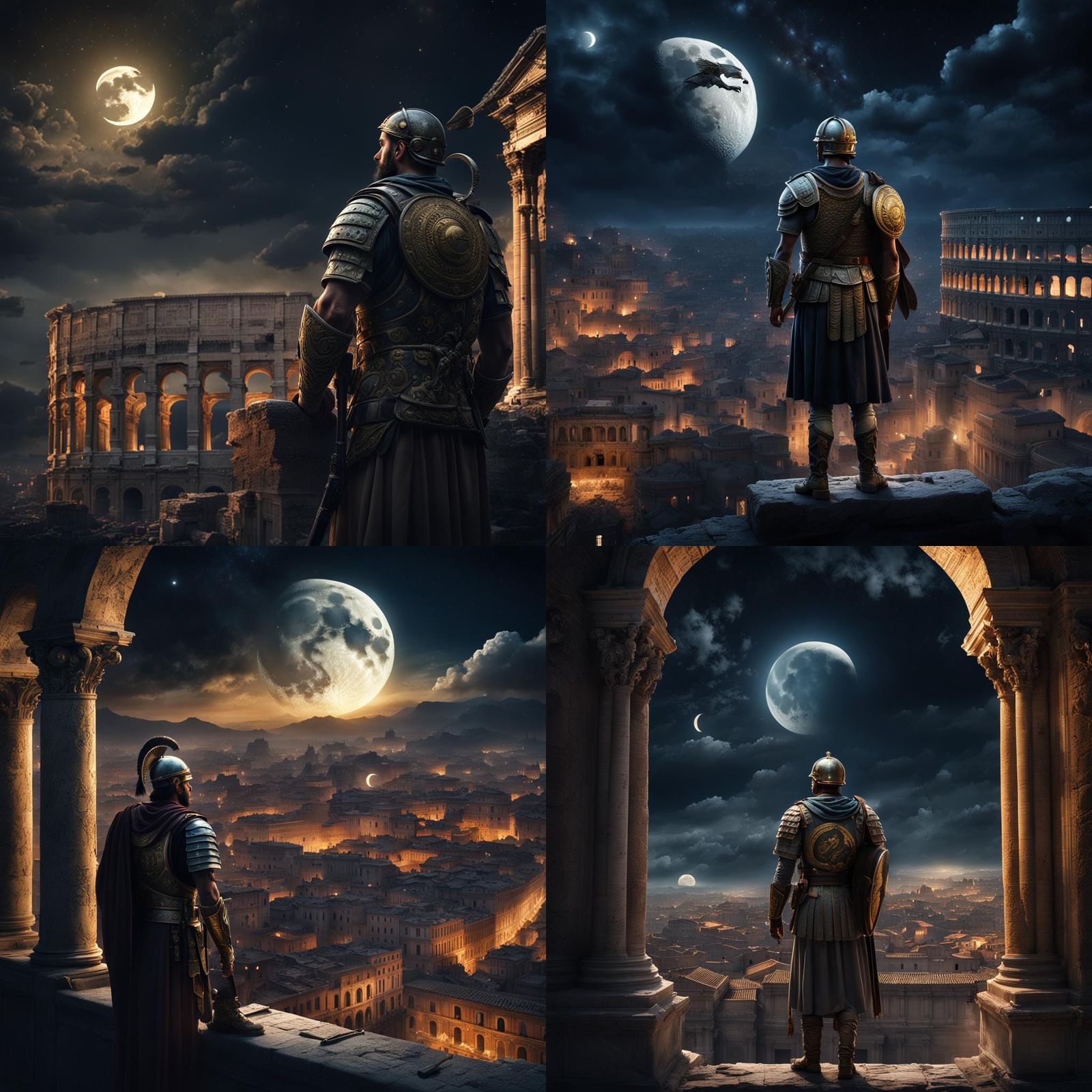 Roman Soldier Observes Crescent Moon: Epic Digital Art