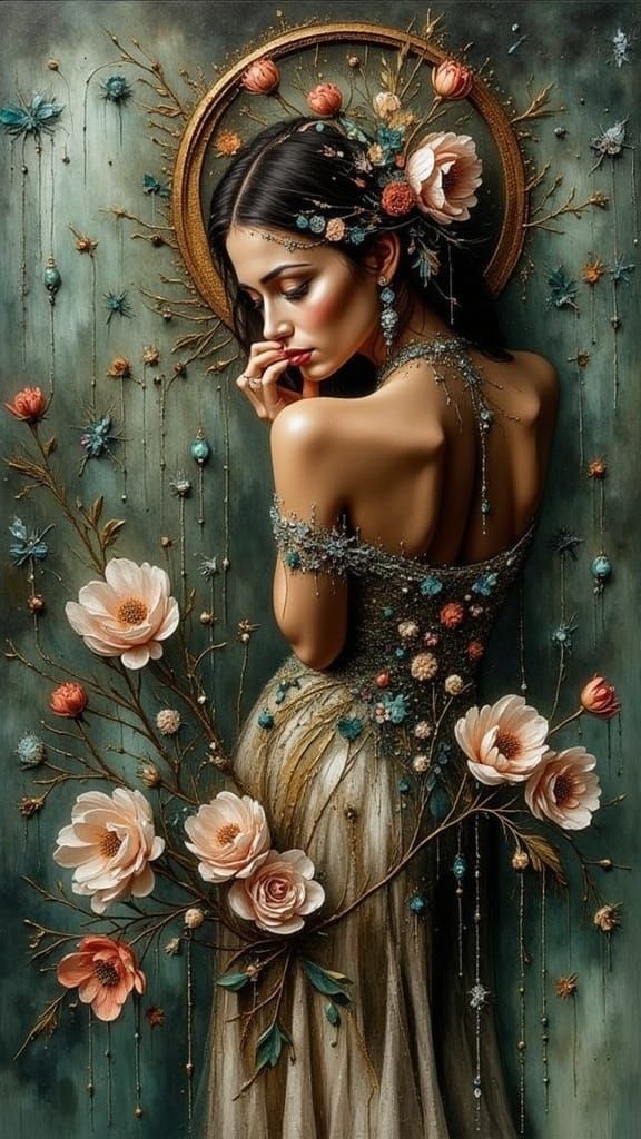 tunning woman with piercing green eyes and raven-black hair, adorned in a resplendent, emerald-encrusted gown