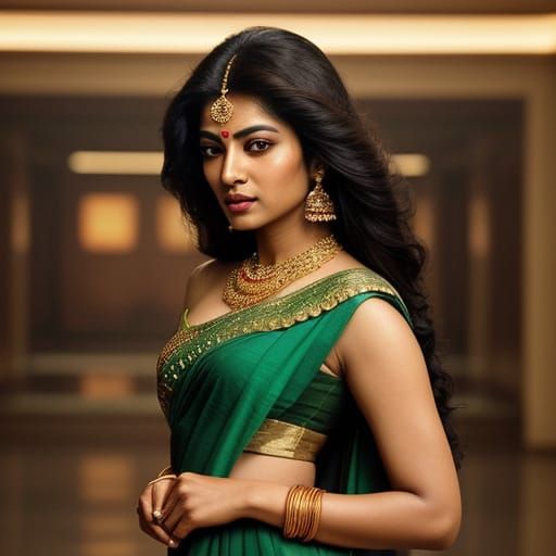 Indian Beauty in Elegant Saree, Radiant Oval Face, and Exoti...