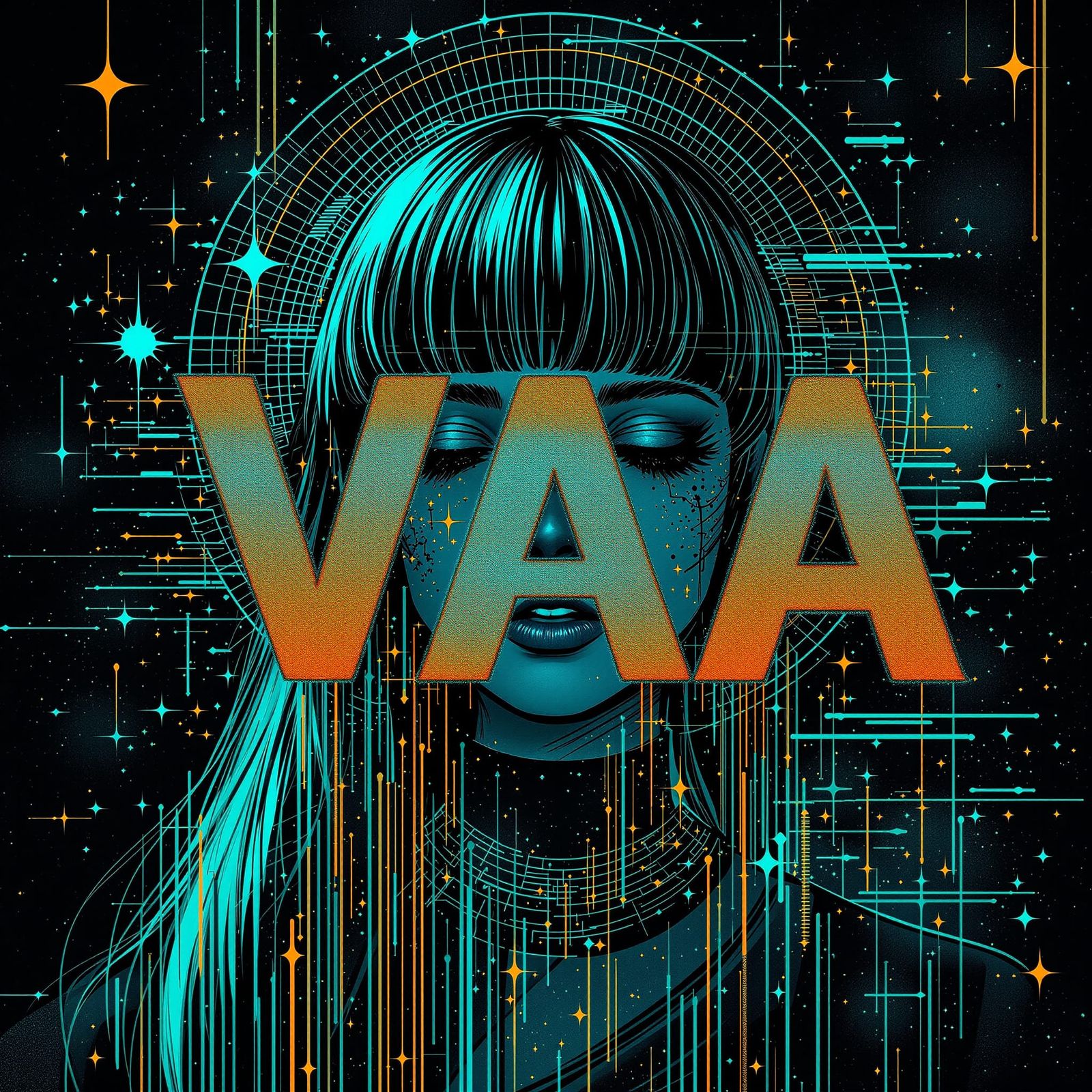 Turquoise and Orange "VAA" Glitch Art with Anime Woman