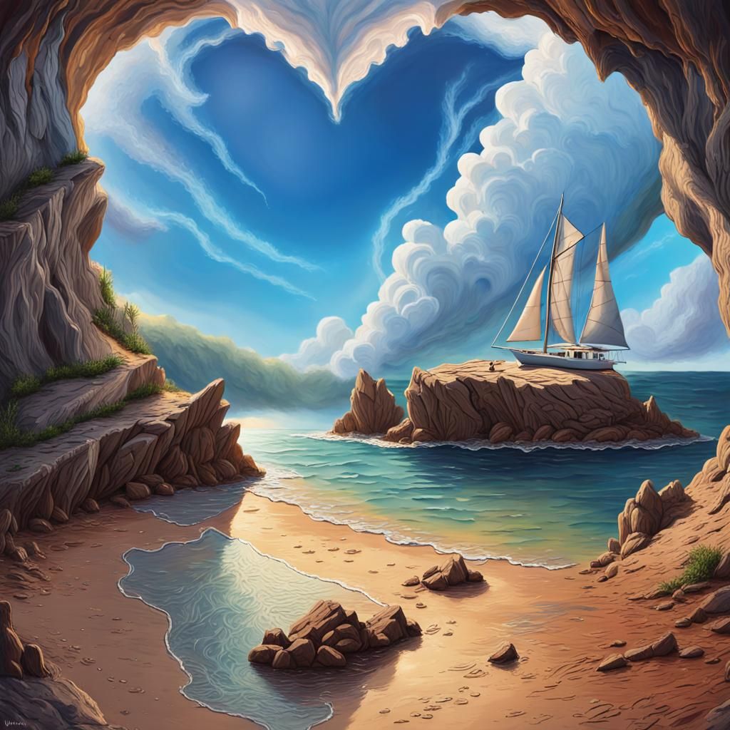 Sailboat's Farewell: Heart Cloud in Hyperrealistic Cave Art