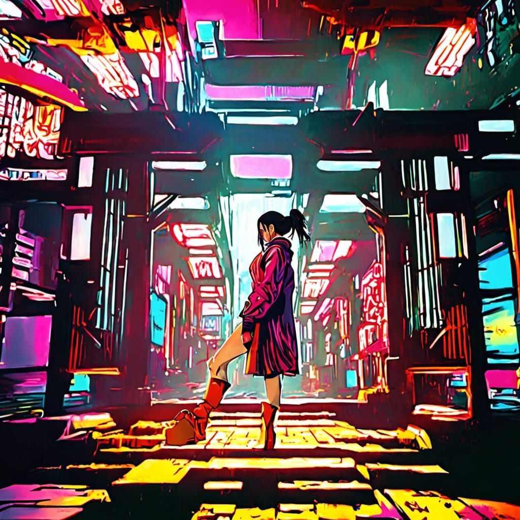 Nezuko in Cyberpunk 2049 Neon Cityscape
