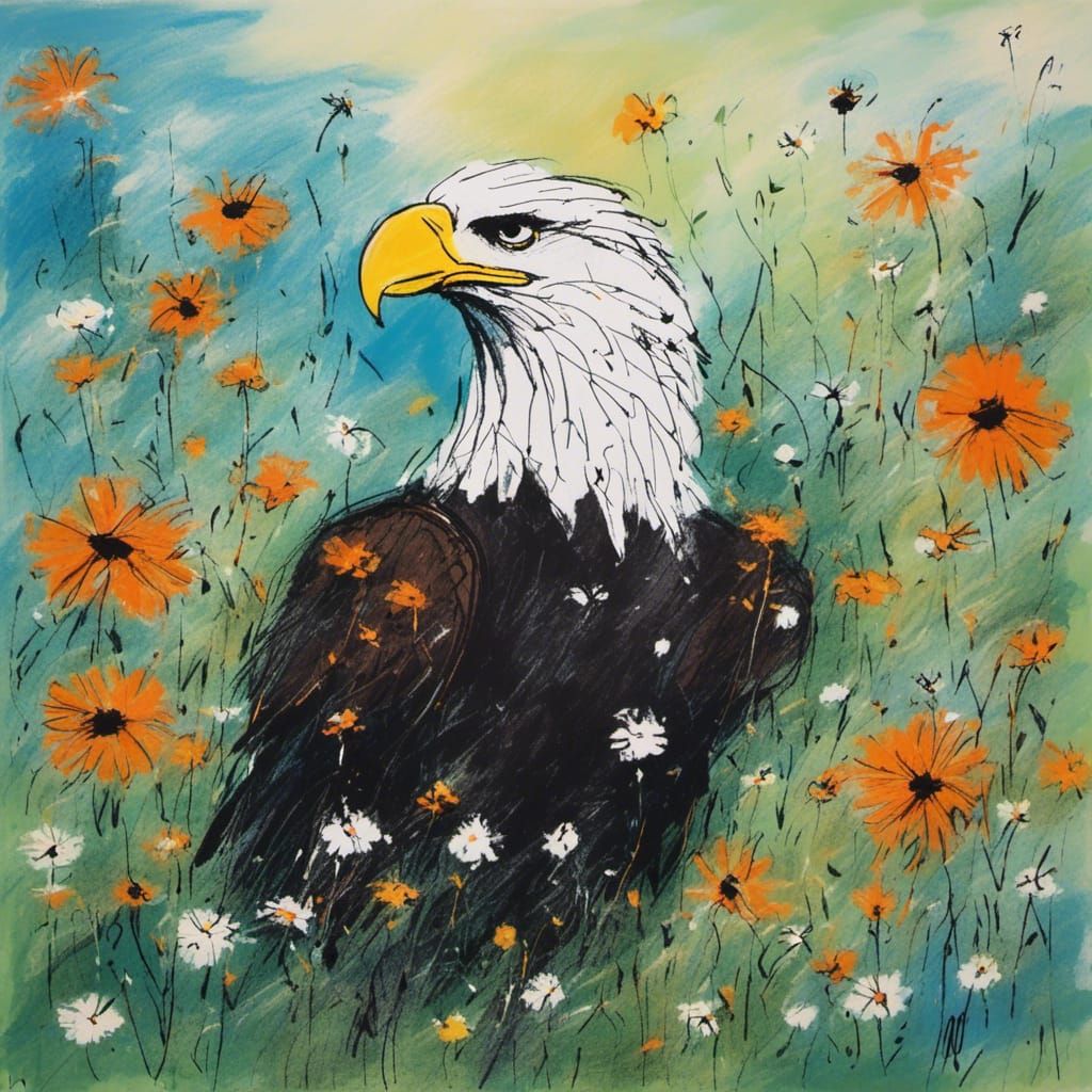 Minimalist Bald Eagle in Garden, Charcoal and Gouache