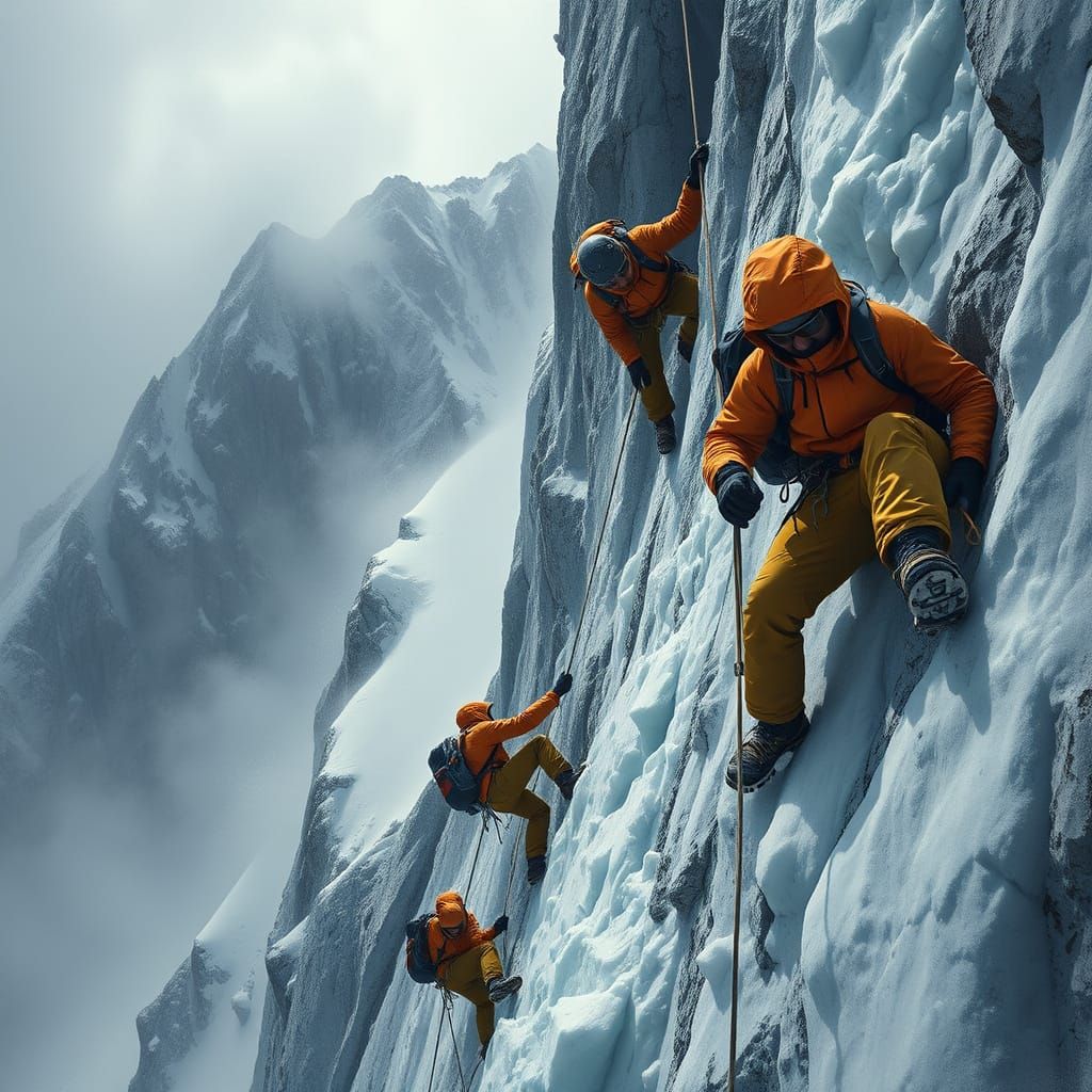 Climbers Conquer the Frozen Peak in Dramatic Oil Painting St...