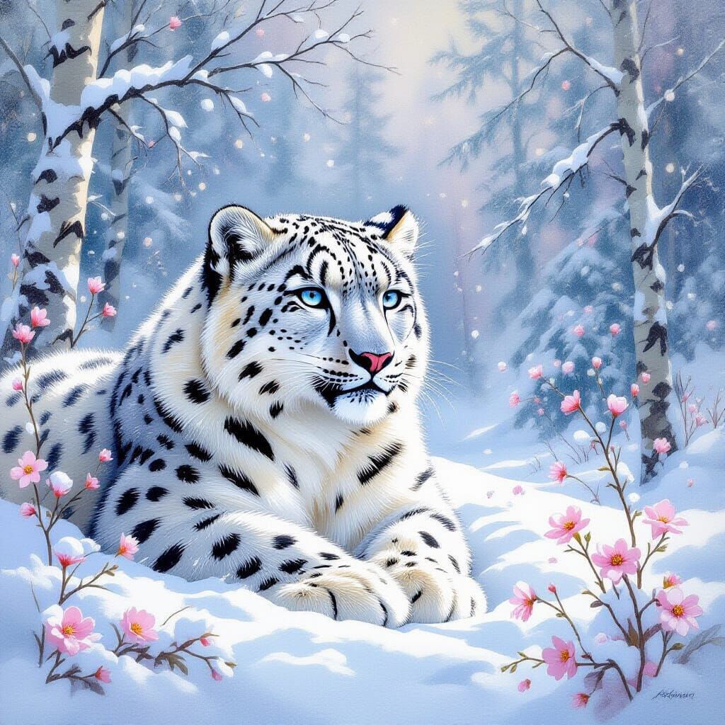 Snow Leopard in Winter Forest, as Gouache Painting
