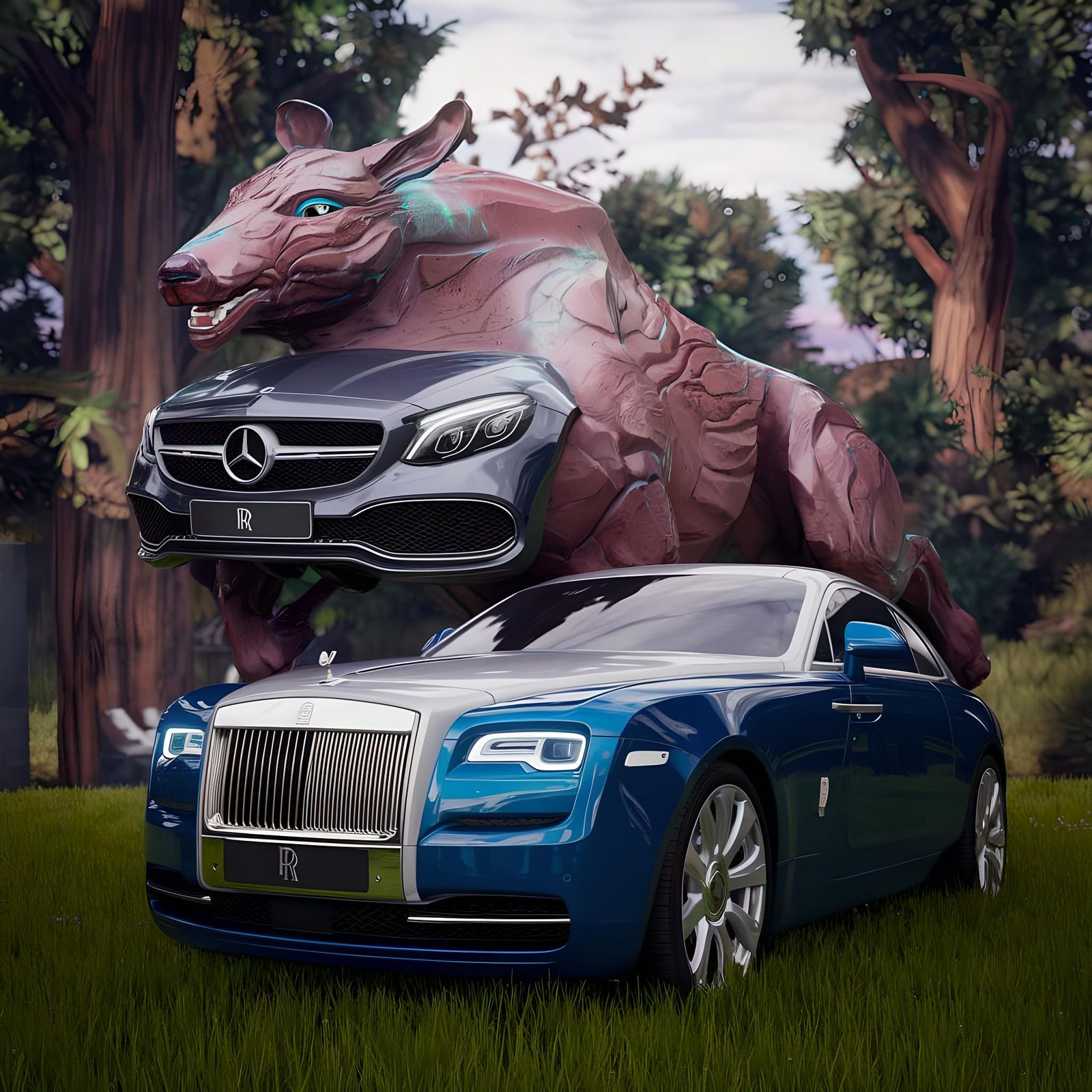 Mercedes-Royce Hybrid Animal in Lush Forest: Fantasy Art