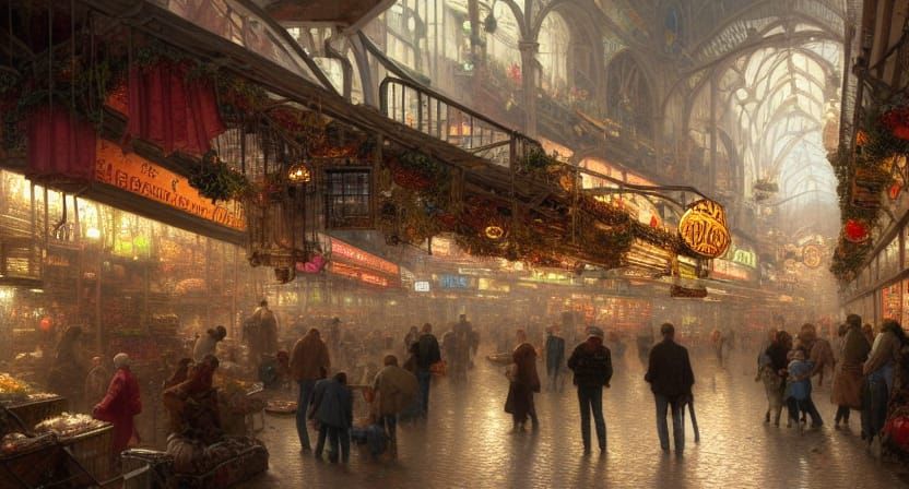 Crowded Underground Market: Maximalist Matte Painting