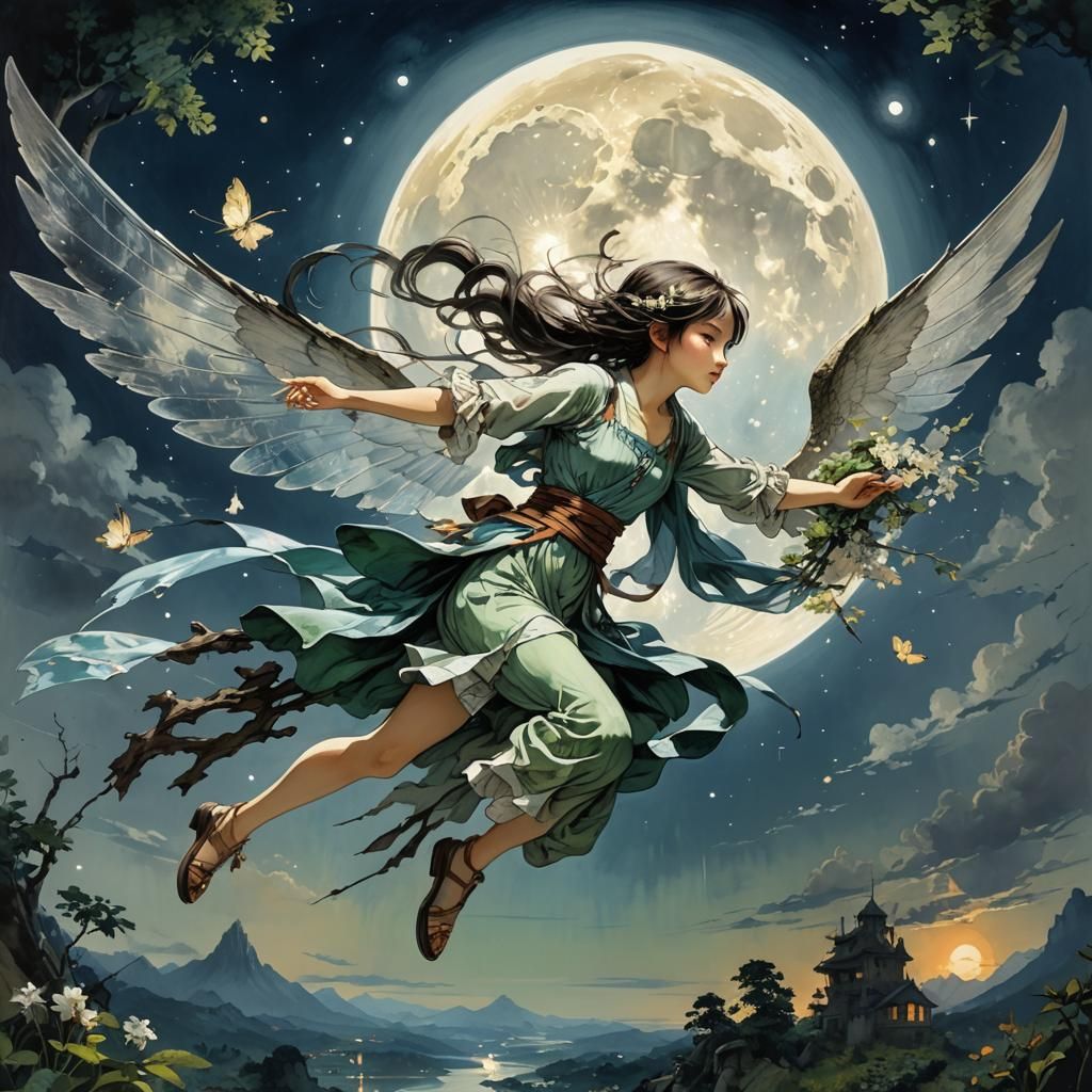 Fairy Flight Under Moon in Graphic Novel Anime Style