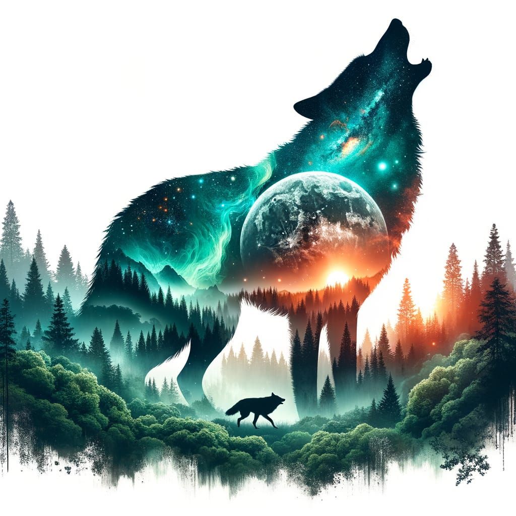 Wolf Howling with Cosmic Landscape Silhouette