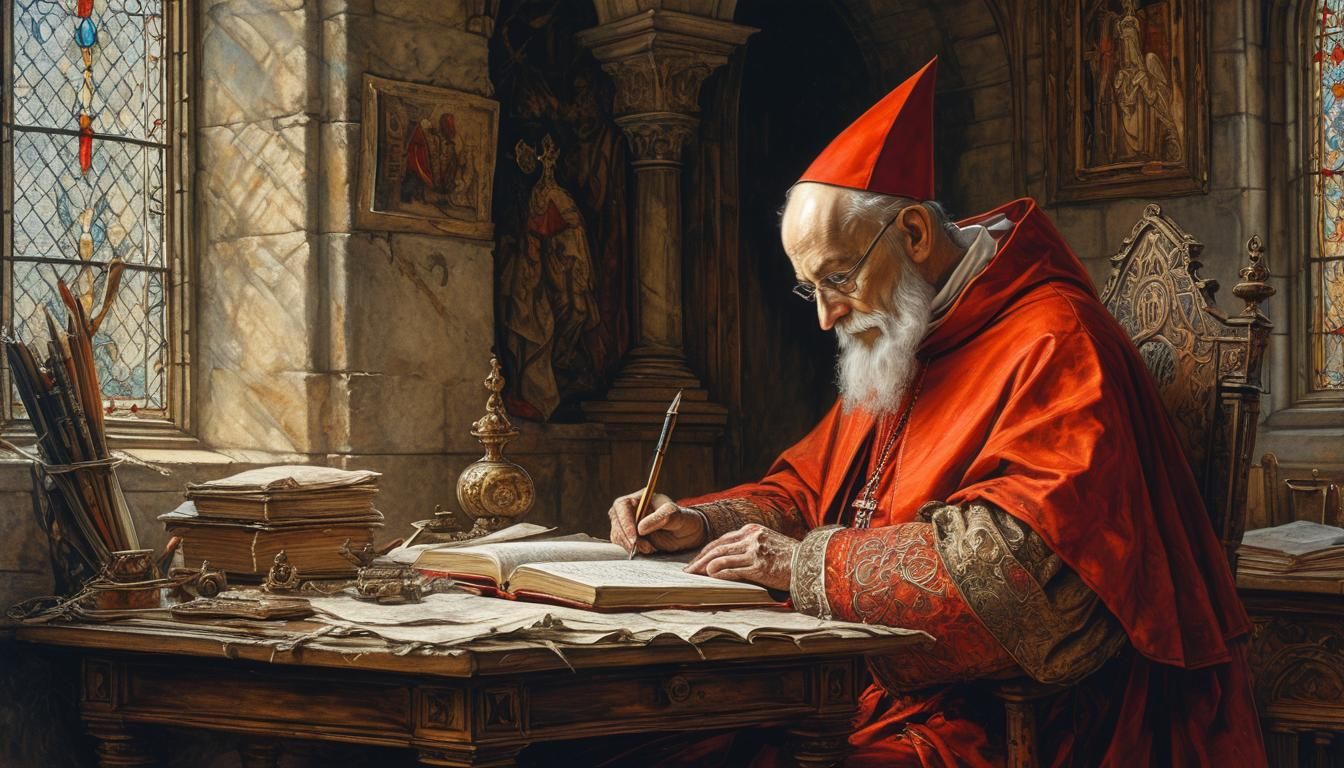 Medieval Cardinal Writing: Hyperdetailed Portrait