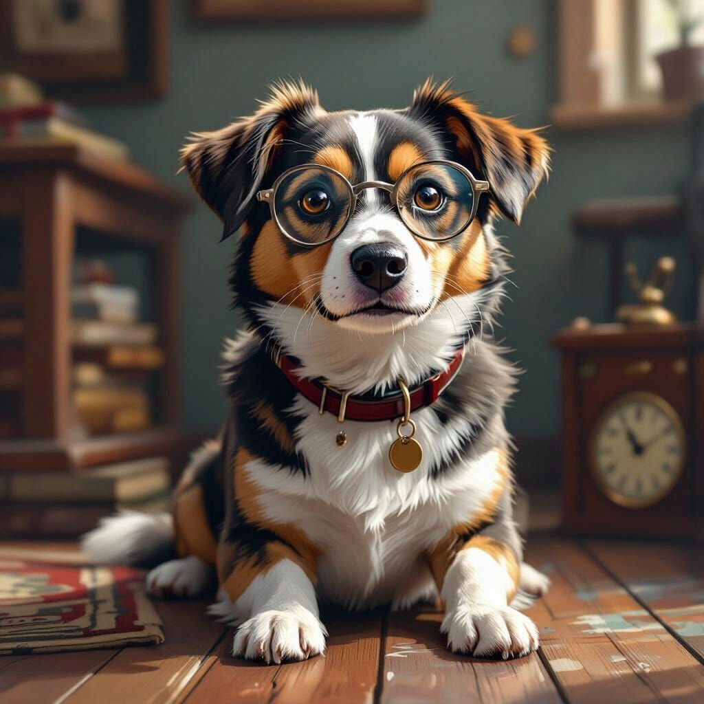 Bespectacled Dog with Vintage Items in Hyper-Realistic Style