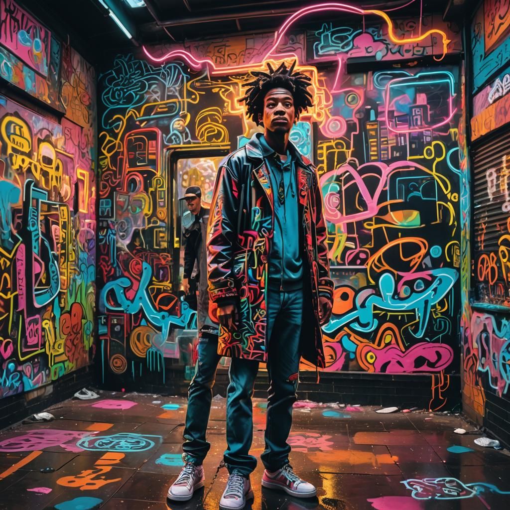 Time Traveler in Futuristic Graffiti Art Cityscape