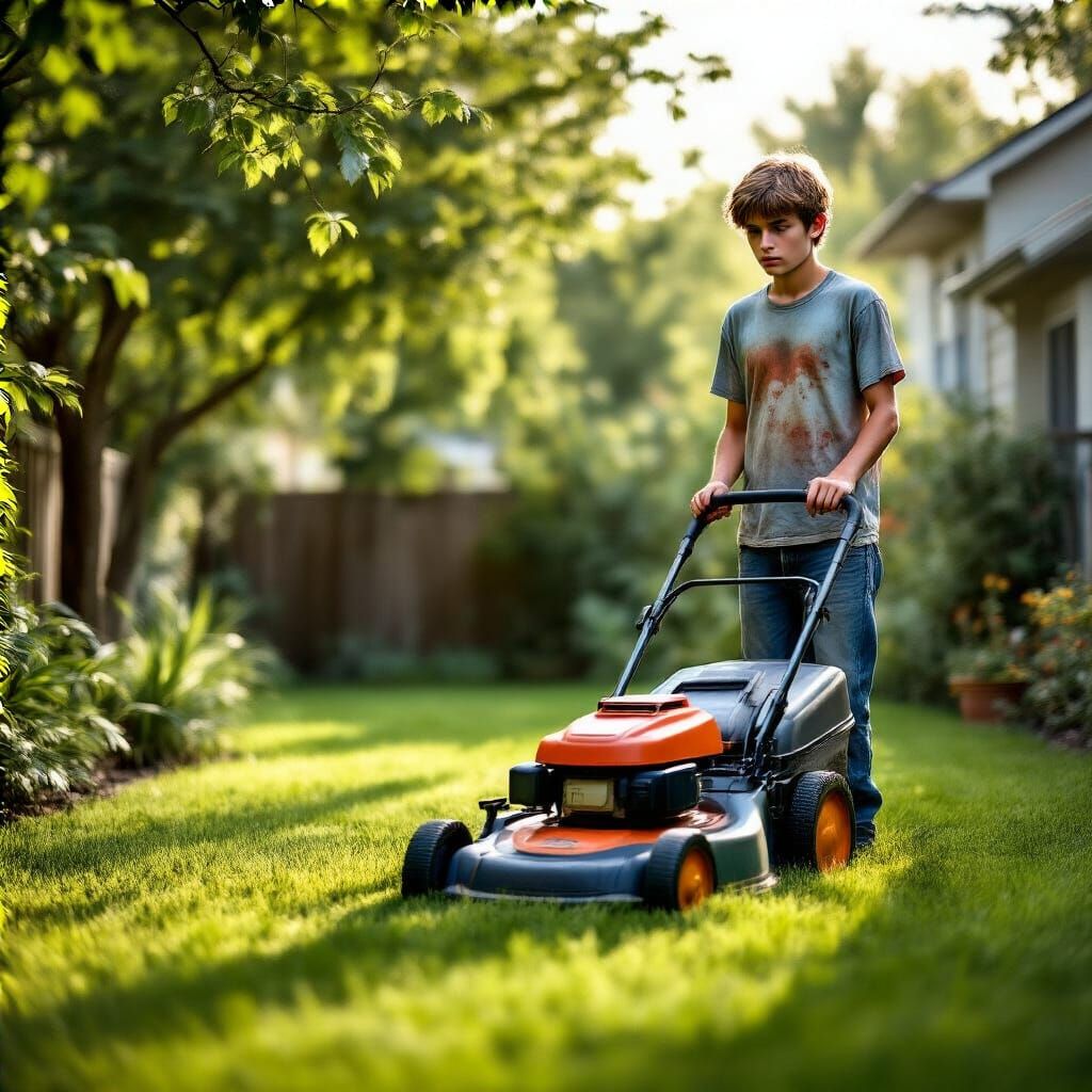 Teenager Mowing Lawn in Photorealistic Backyard