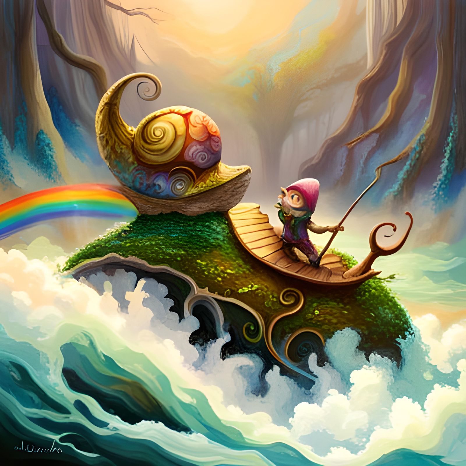 Wood Elf Rides Rainbow Snail in Ethereal Graffiti Art