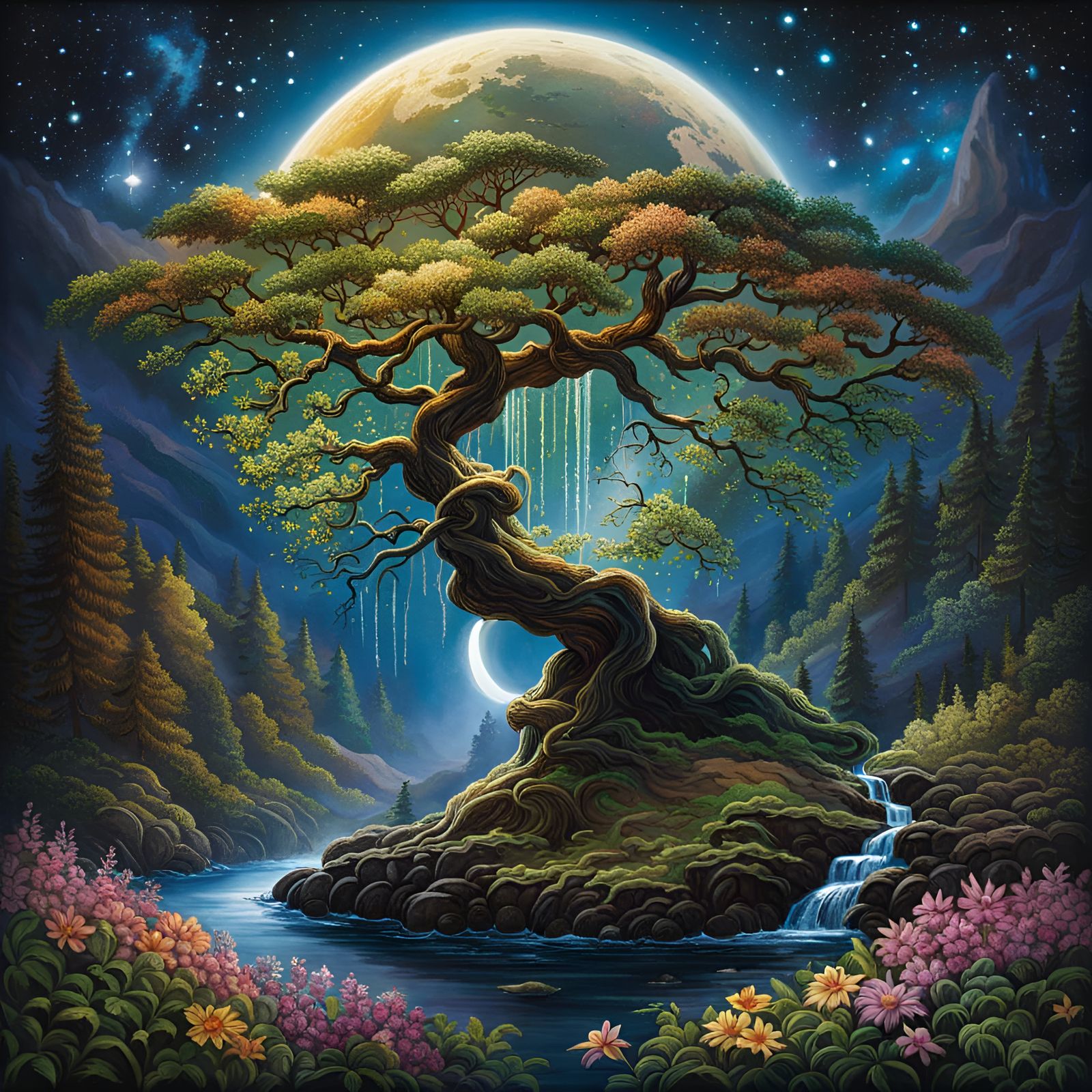 Bonsai Tree on Stone Hill Under Moonlight