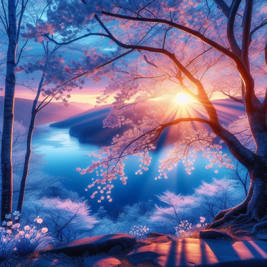 Cherry Blossoms in Sunset Light: Photorealistic Landscape
