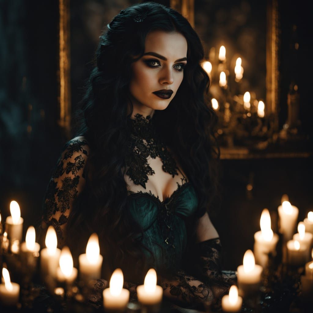 Gothic Dark Goddess in Black Lace with Emerald Eyes