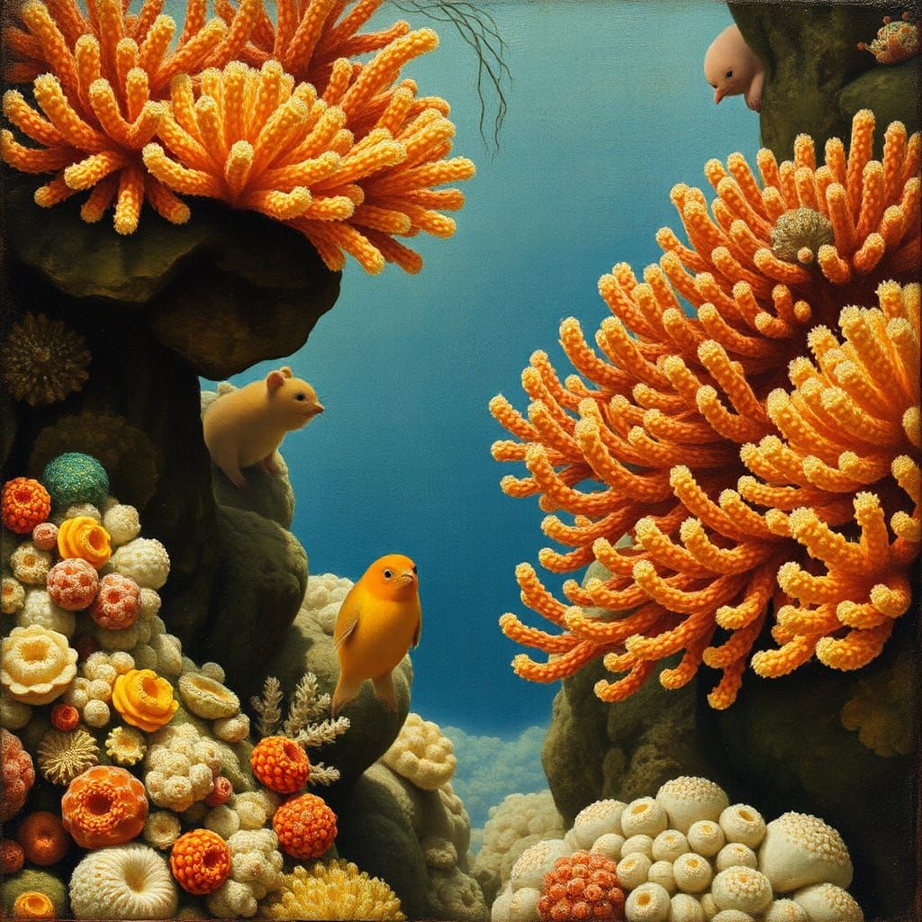 Sea Mice Explore Coral Reef: Impressionist Painting
