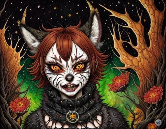 Damaged Jackal-Fox Mask in Punk-Goth Watercolor