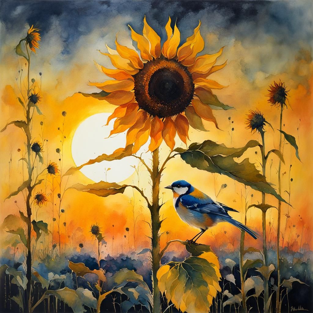 Sunflower and Bird at Sunset in Watercolor Style