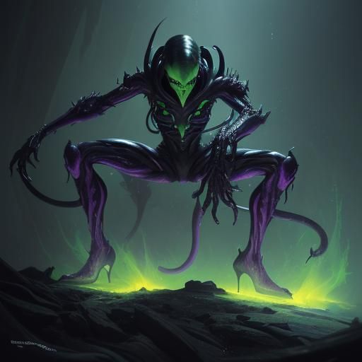 Shego as Xenomorph with Bladed Tail in Dark Fantasy