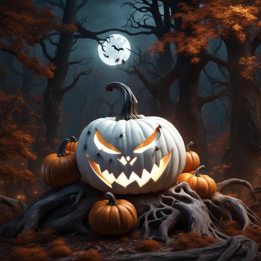 Spooky Pumpkin Stack in Moonlit Woods