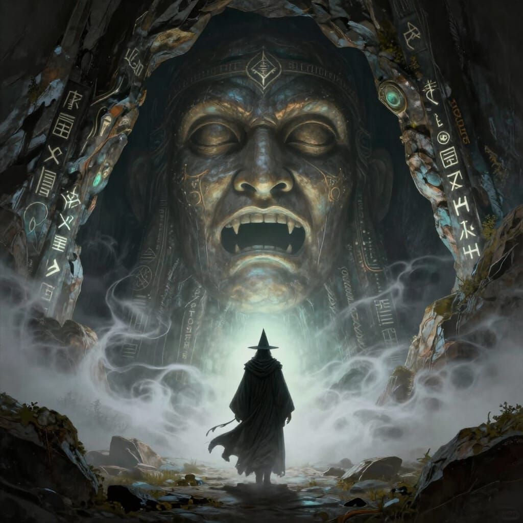 Mystical Wizard Enters Giant Rock Face Cave