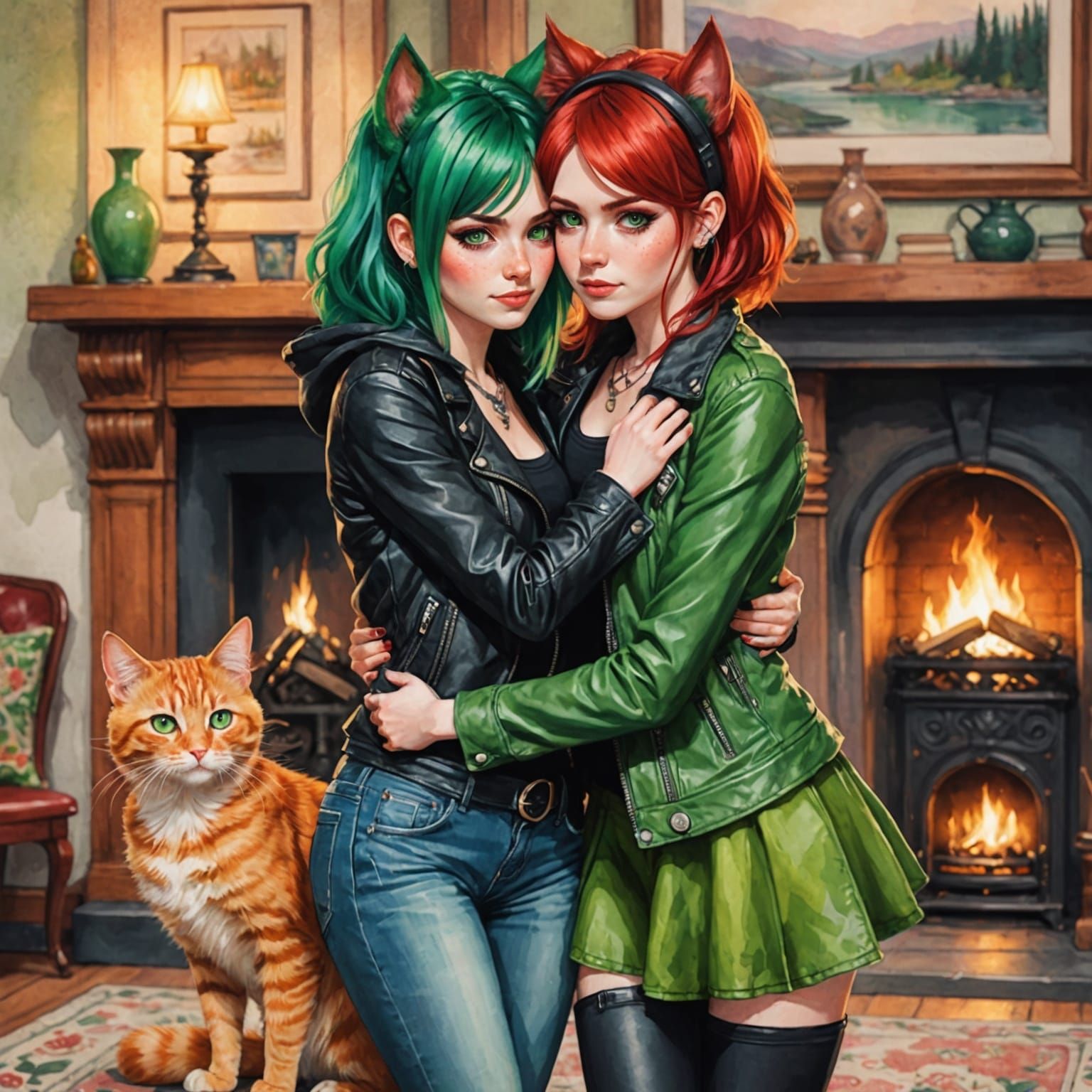Green and Red Haired Women Embrace in Watercolor Style