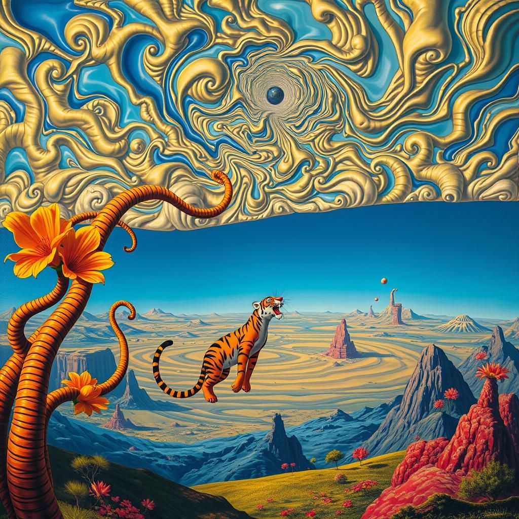 Surreal Landscape with Elastic Flora and Floating Tigger