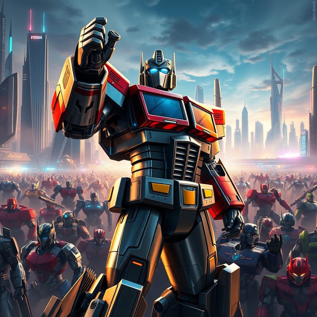 Optimus Prime Inspires a Diverse Robot Crowd in a Futuristic...