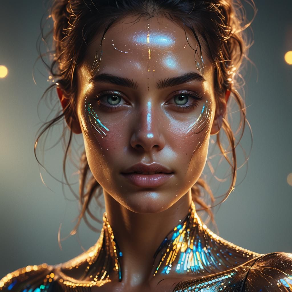 Iridescent Woman with Glowing Tattoos and Aurora Borealis