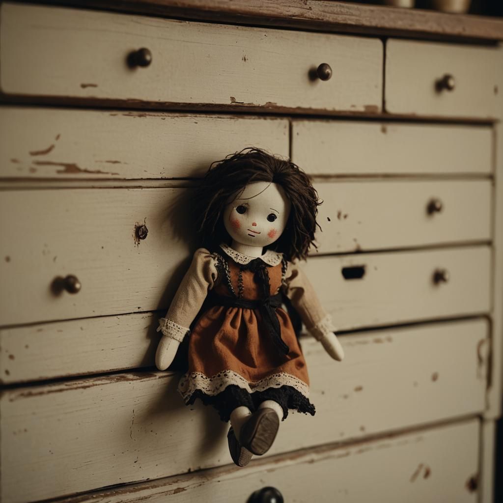 Rag Doll on Chest of Drawers in Cinematic Style