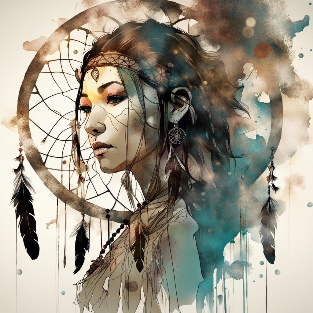 Double Exposure Indian Princess Portrait with Buffalo Hunt