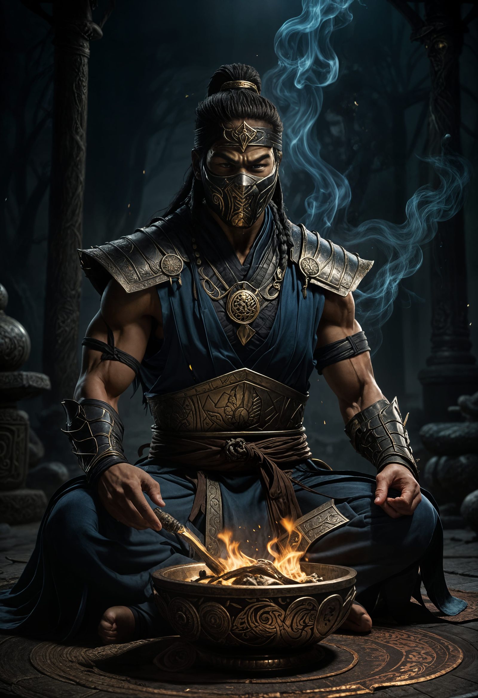 Mortal Kombat Warrior Meditating in Moody Low Light