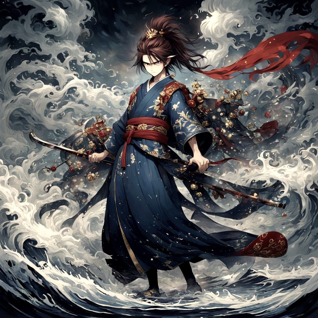 Mysterious Warrior in Gloomy Sky, Cyberpunk Style