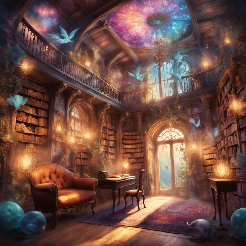 Magical Library with Floating Books and Spectral Figures