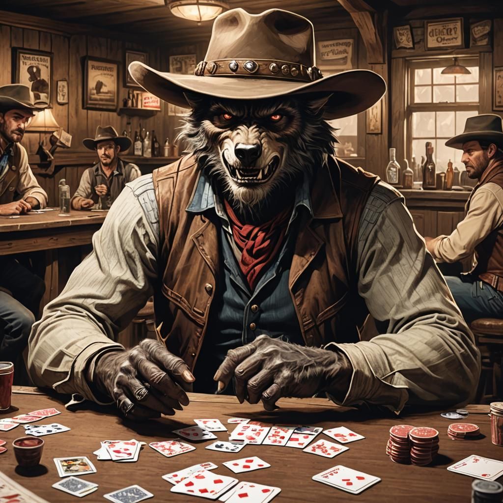 a werewolf in a cowboy hat and clothing sitting at a card ta...