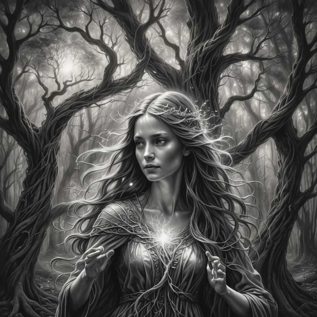 Monochrome Fairy Scene with Twins in Enchanted Forest