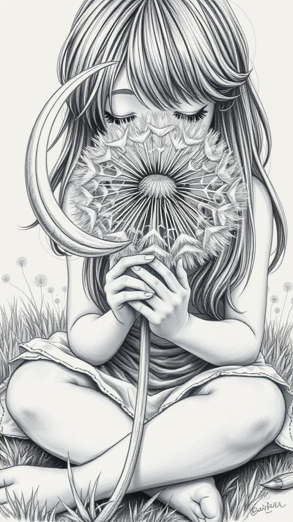 Realistic Pencil Drawing of a Girl and a Giant Dandelion