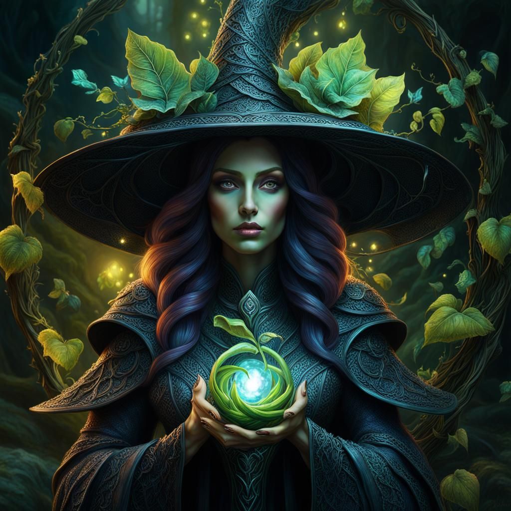 Ethereal Vine Witch Casting Plant Magic in Digital Painting